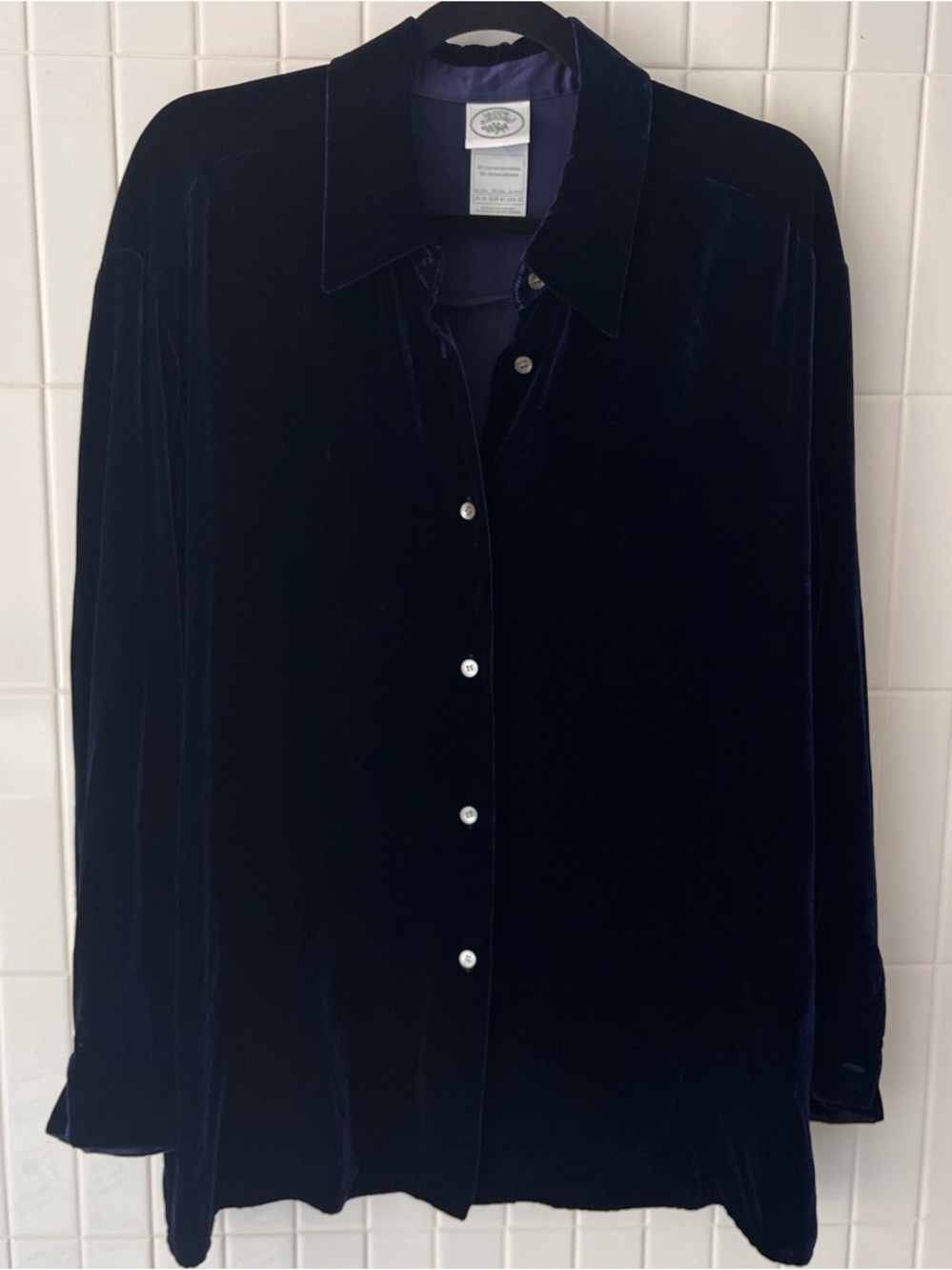 Vintage Laura Ashley Velvet Button Down Shirt Navy 90s Silk Blend